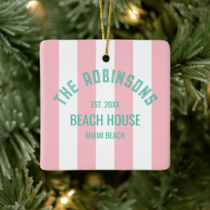 Beach House Individuelle Name Pink Cabana Streifen Keramikornament