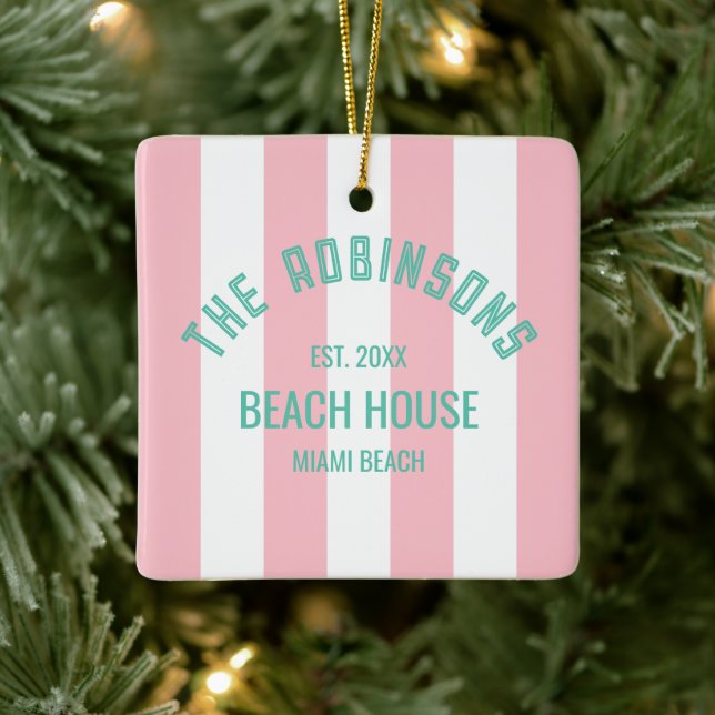 Beach House Individuelle Name Pink Cabana Streifen Keramikornament (Baum)