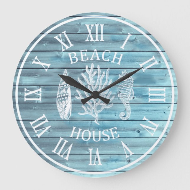 Beach House Light Blue Wood Corod Seepferd Grosses Große Wanduhr (Vorderseite)