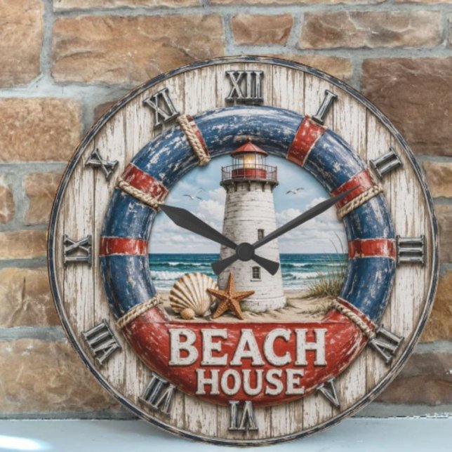 Beach House Lighthouse Rustic Nautical Coastal  Große Wanduhr (Von Creator hochgeladen)