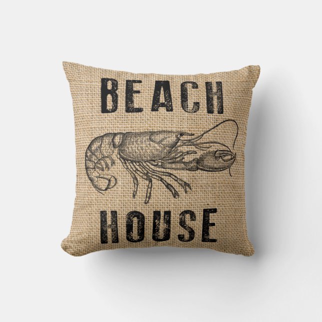 Beach House Lobster Rustikaler Summer Burlap Pillo Kissen (Vorderseite)