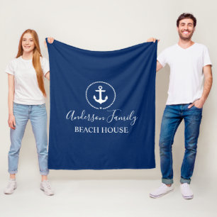 Beach House Nautic Anchor Rope Star Navy Blue Fleecedecke