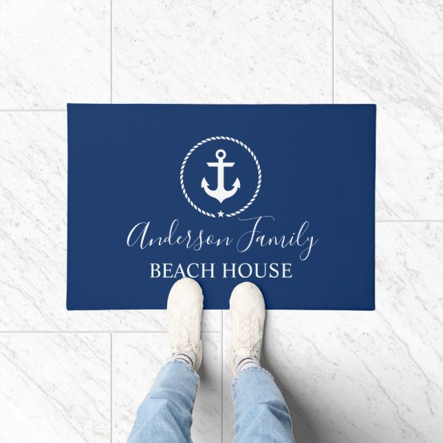 Beach House Nautic Anchor Rope Star Navy Blue Fußmatte (Indoor)
