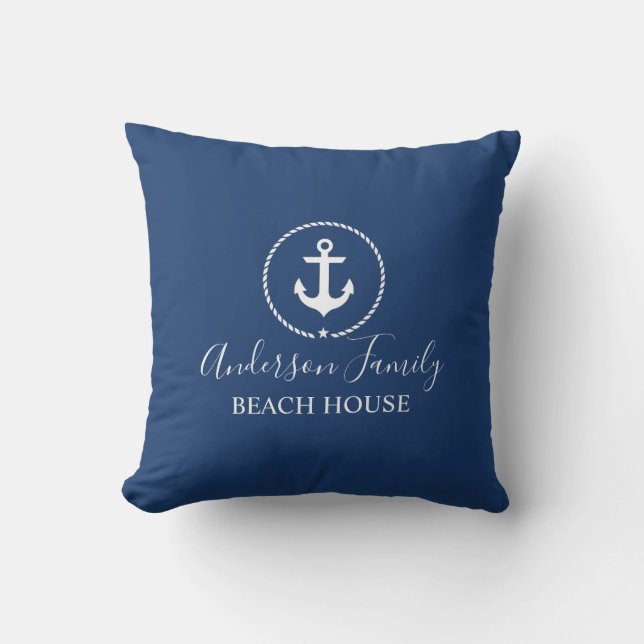 Beach House Nautic Anchor Rope Star Navy Blue Kissen (Vorderseite)