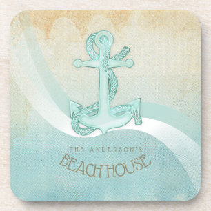 Beach House Nautical Anchor and Rope Aqua ID623 Getränkeuntersetzer