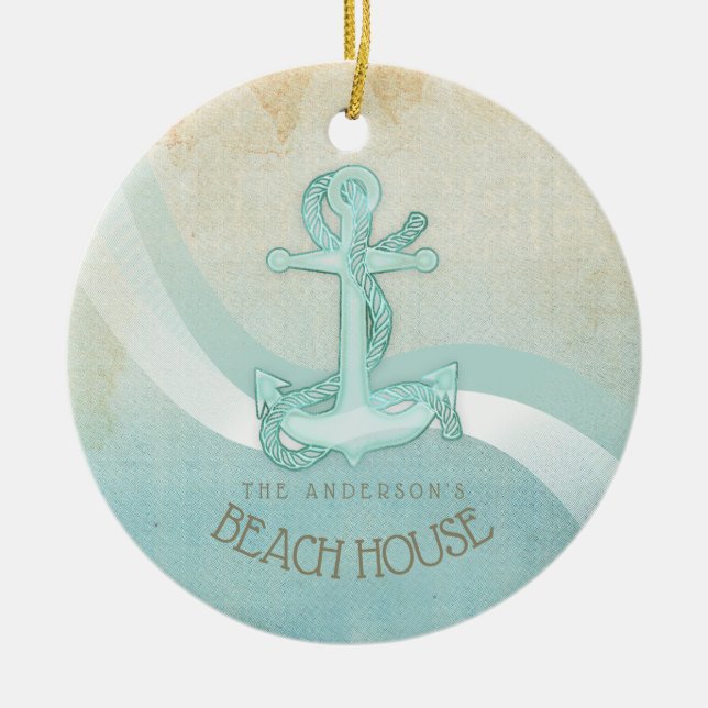 Beach House Nautical Anchor and Rope Aqua ID623 Keramik Ornament (Vorne)