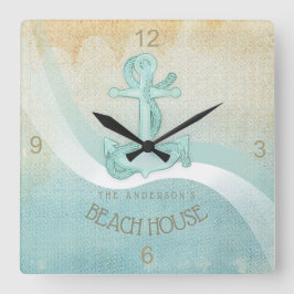 Beach House Nautical Anchor and Rope Aqua ID623 Quadratische Wanduhr