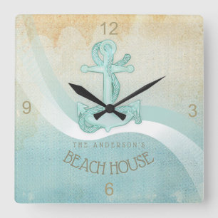 Beach House Nautical Anchor and Rope Aqua ID623 Quadratische Wanduhr