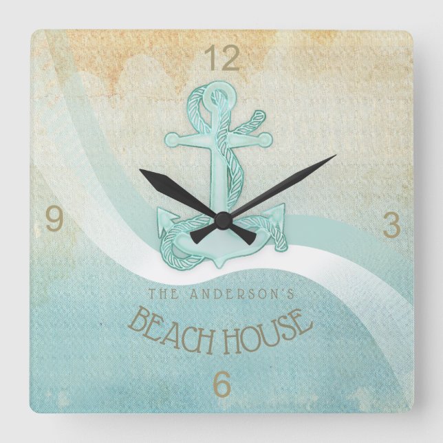 Beach House Nautical Anchor and Rope Aqua ID623 Quadratische Wanduhr (Vorderseite)