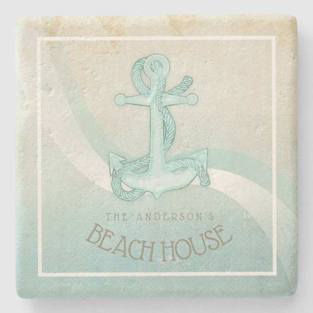 Beach House Nautical Anchor and Rope Aqua ID623 Steinuntersetzer (Vorderseite)