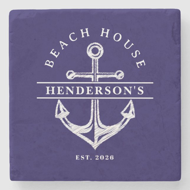 Beach House Nautical Anchor Blue navy Vacation Steinuntersetzer (Vorderseite)