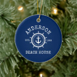 Beach House Nautical Anchor Rope Helm Blue Keramik Ornament<br><div class="desc">Nautical Anchor Rope Star Helm Family Name Beach House Navy Blue Ornament</div>