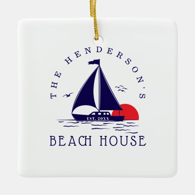 Beach House Nautical boat Sunset navy blue Keramikornament (Vorderseite)