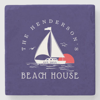 Beach House Nautical boat Sunset navy blue Steinuntersetzer