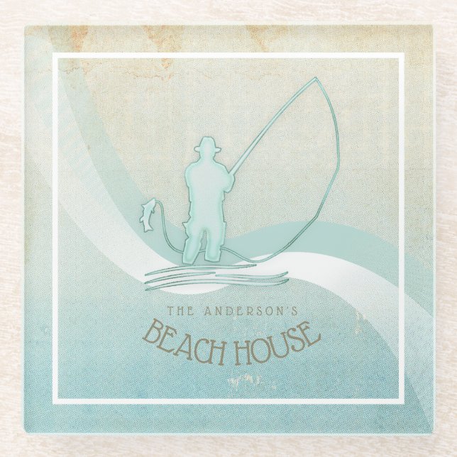 Beach House Nautical Fisherman Aqua Blue ID623 Glasuntersetzer (Vorderseite)