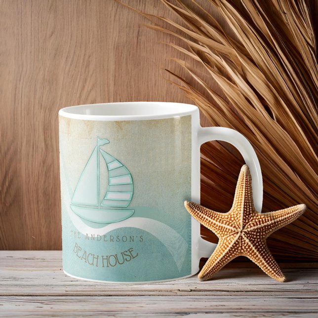 Beach House Nautical Sailboat Aqua Blue ID623 Kaffeetasse (Von Creator hochgeladen)