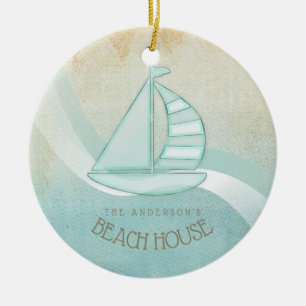 Beach House Nautical Sailboat Aqua Blue ID623 Keramik Ornament
