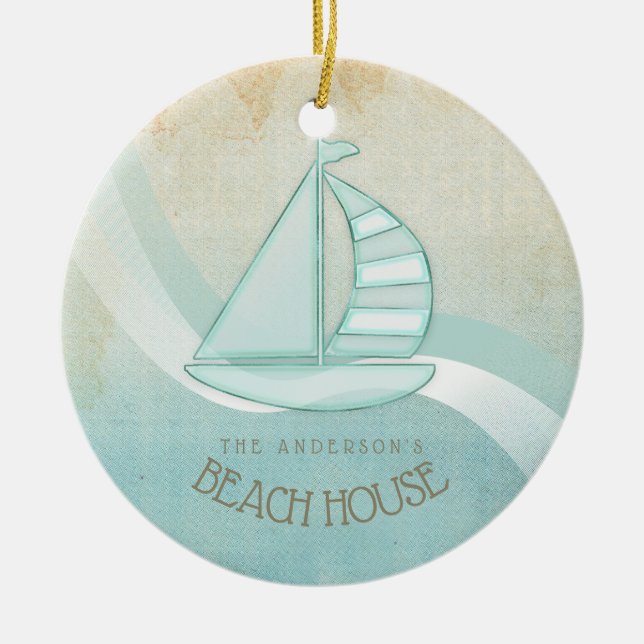 Beach House Nautical Sailboat Aqua Blue ID623 Keramik Ornament (Vorne)