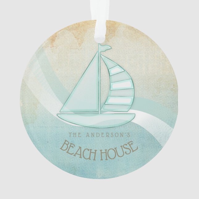 Beach House Nautical Sailboat Aqua Blue ID623 Ornament (Rückseite)