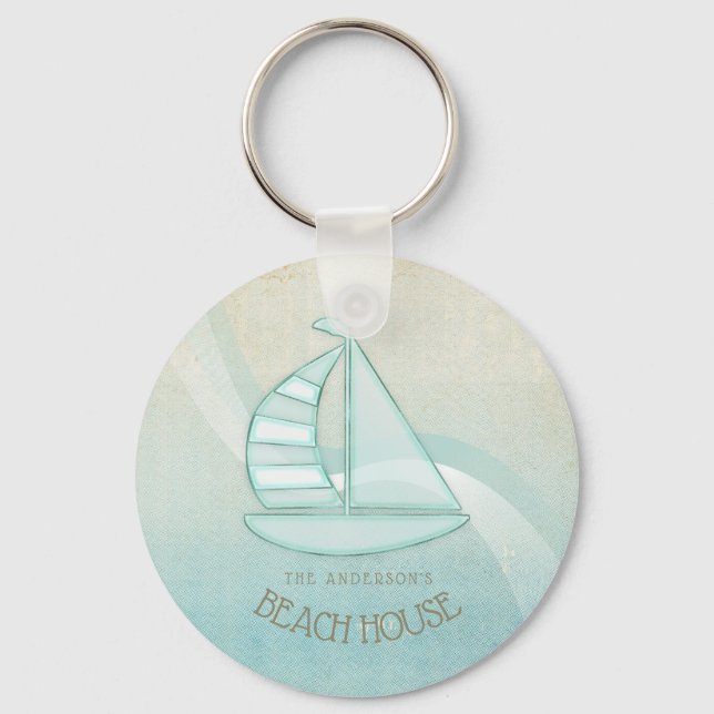 Beach House Nautical Sailboat Aqua Blue ID623 Schlüsselanhänger (Vorderseite)