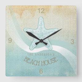 Beach House Nautical Starfish Aqua Blue ID623 Quadratische Wanduhr