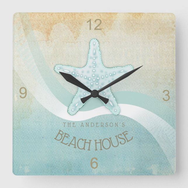 Beach House Nautical Starfish Aqua Blue ID623 Quadratische Wanduhr (Vorderseite)
