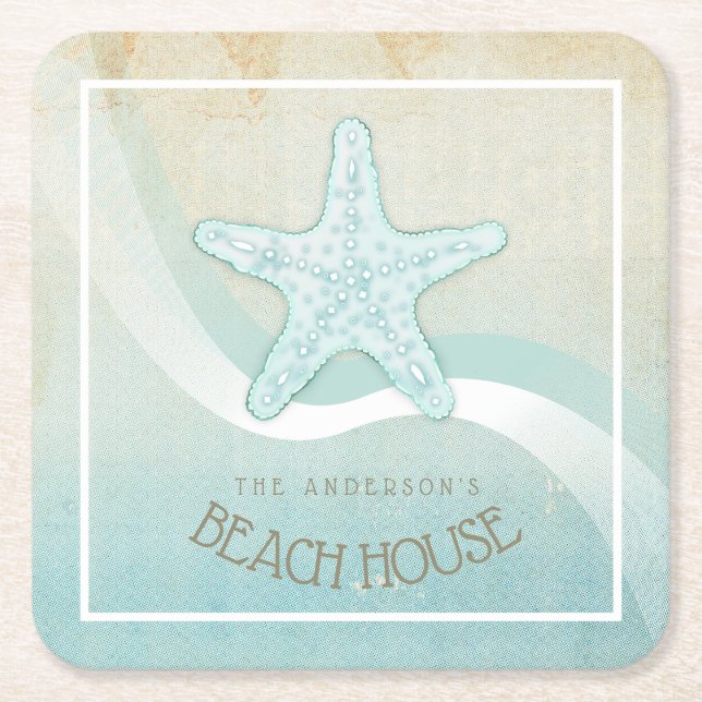 Beach House Nautical Starfish Aqua Blue ID623 Rechteckiger Pappuntersetzer (Vorderseite)