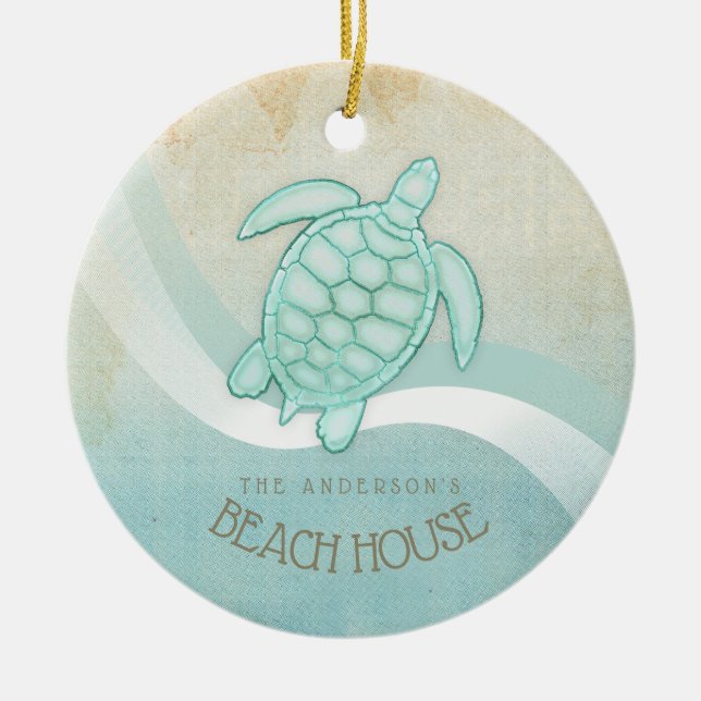 Beach House Nautical Turtle Aqua Blue ID623 Keramik Ornament (Vorne)