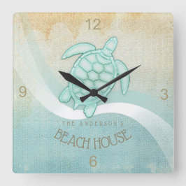 Beach House Nautical Turtle Aqua Blue ID623 Quadratische Wanduhr