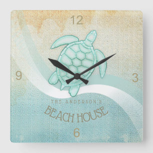 Beach House Nautical Turtle Aqua Blue ID623 Quadratische Wanduhr