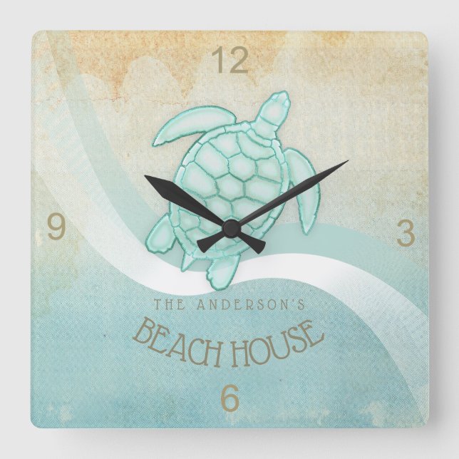 Beach House Nautical Turtle Aqua Blue ID623 Quadratische Wanduhr (Vorderseite)