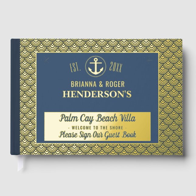Beach House Nautical Vacation Rental Gold Muscheln Gästebuch (Vorderseite)