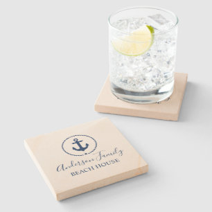 Beach House Navy Blue Anchor Star Rope Steinuntersetzer