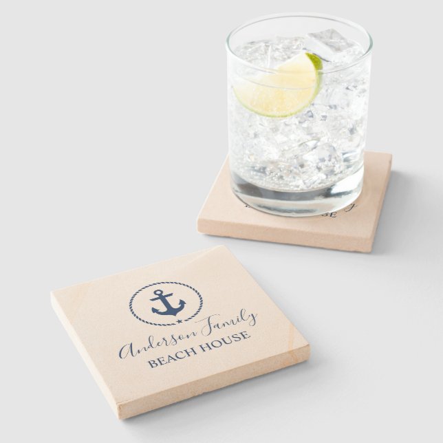 Beach House Navy Blue Anchor Star Rope Steinuntersetzer (Seitenansicht)