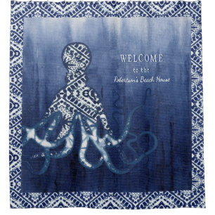 Beach House Octopus Shibori Ombre Muster Indigo Duschvorhang