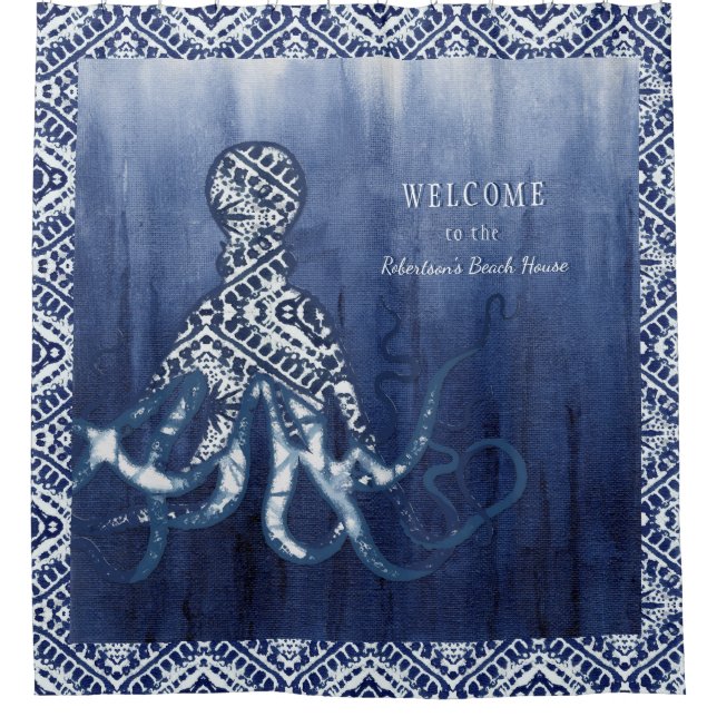 Beach House Octopus Shibori Ombre Muster Indigo Duschvorhang (Vorderseite)