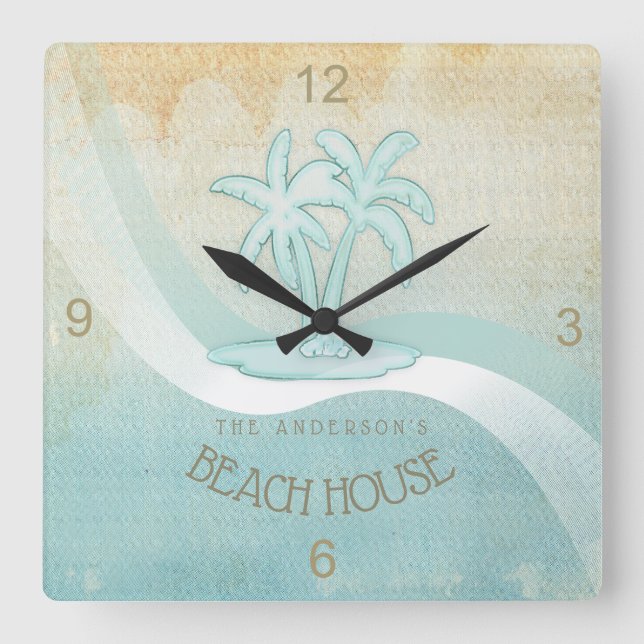 Beach House Palm Trees Aqua ID623 Quadratische Wanduhr (Vorderseite)