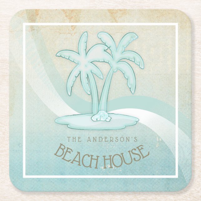 Beach House Palm Trees Aqua ID623 Rechteckiger Pappuntersetzer (Vorderseite)