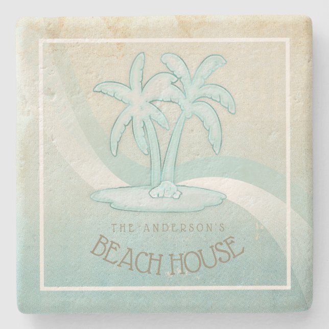 Beach House Palm Trees Aqua ID623 Steinuntersetzer (Vorderseite)
