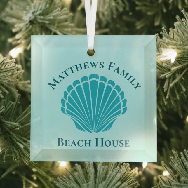 Beach House Personalisiert Keepake Blue Seashell Ornament Aus Glas (Insitu)