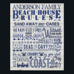 Beach House Regeln Custom Family Hütte Signing Blu Künstlicher Leinwanddruck<br><div class="desc">Dekorieren Sie Ihr Strandhaus mit diesem personalisierten, skurrilen Leinwand Schild. Die farbenfrohe lustige Sprüche mit hellen Imitaten (bedruckt) und Holzmöbeln verleiht der Küstenkunst Ihrer Familie und Ihren Gästen ein angenehmes Gefühl zum Lachen. Die Typografie umfasst die Zeilen: Sand away your care | Reichweite für die Sterne | Ehrenfreunde Schiffe |...</div>