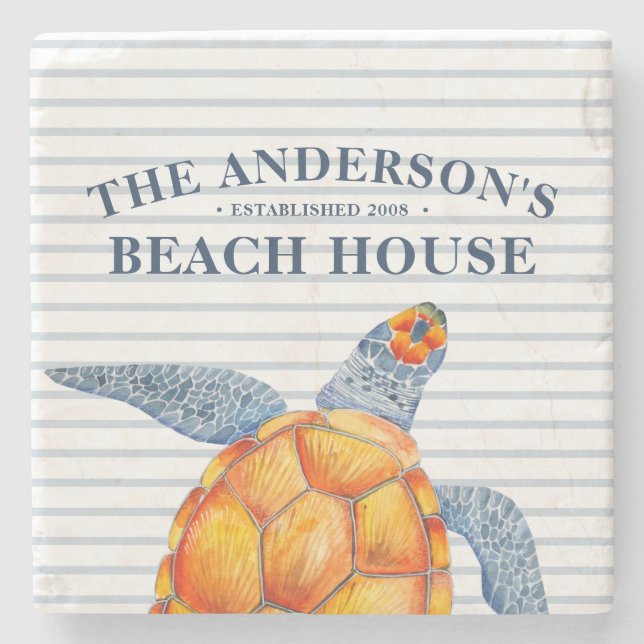 Beach House Sea Turtle Familienname Steinuntersetzer (Vorderseite)