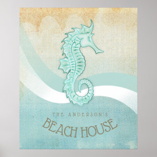 Beach House Seepferd Aqua Blue ID623 Poster