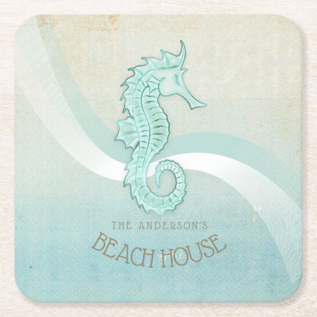 Beach House Seepferd Aqua Blue ID623 Rechteckiger Pappuntersetzer (Vorderseite)