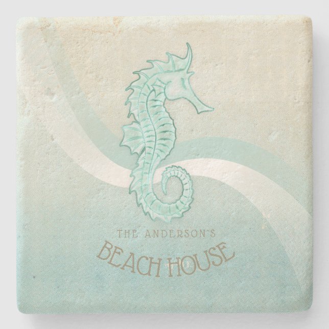 Beach House Seepferd Aqua Blue ID623 Steinuntersetzer (Vorderseite)