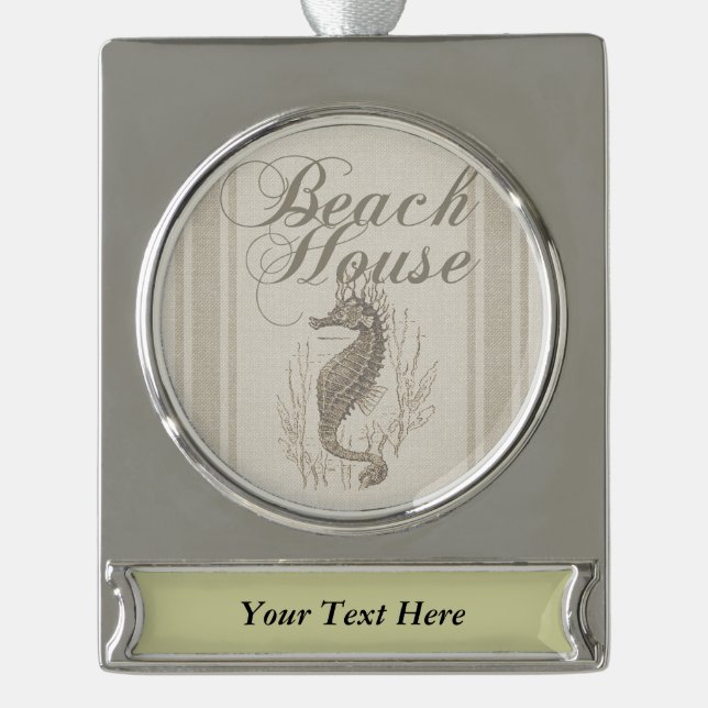 Beach House Seepferd Seashore Banner-Ornament Silber (Vorderseite)