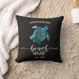 Beach House Turquoise Turtle Black Name Family Kissen