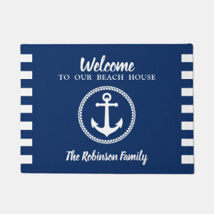 Beach House und Familienname mit Anchor Navy Blue Fußmatte