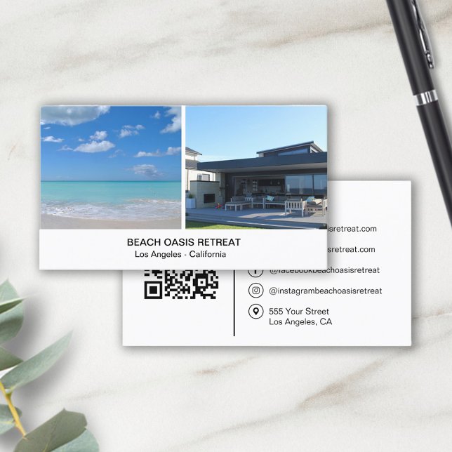 Beach House Vacation Rental QR Social Media Icons Visitenkarte (Von Creator hochgeladen)