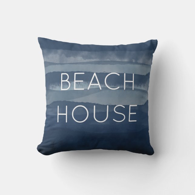 Beach House Watercolor Navy Blue Ocean Kissen (Vorderseite)